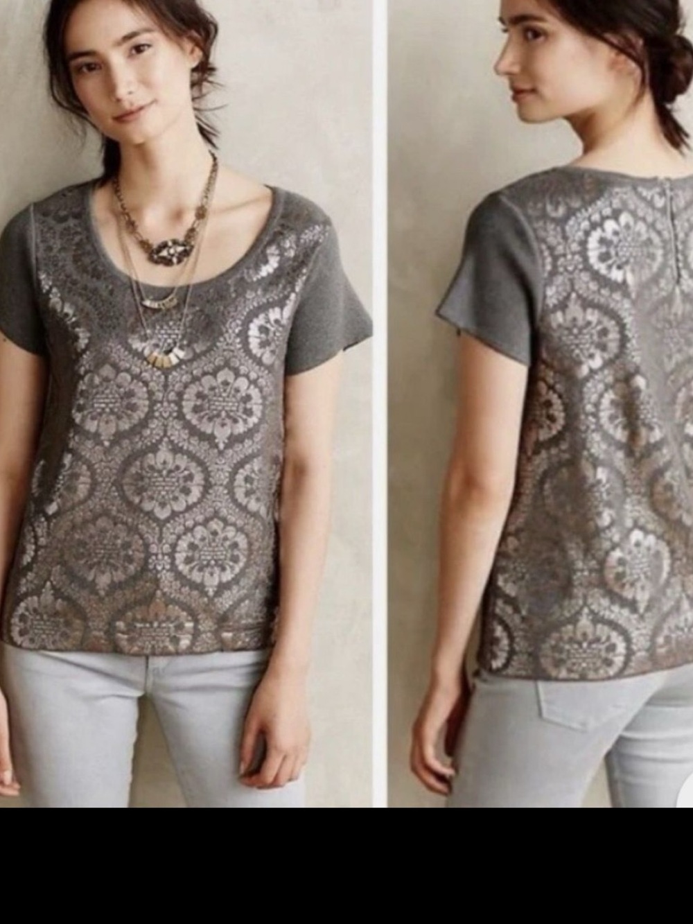 Anthropologie Moth ‘Drawing Room’ Silver Foil Damask Gray 100% cotton Top Small